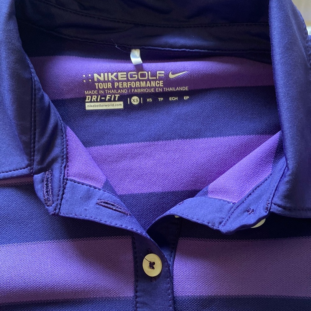 Nike Golf Tour Performance Dri-Fit. Purple on dark Blue with Pink logo. XS. EUC - Picture 7 of 9